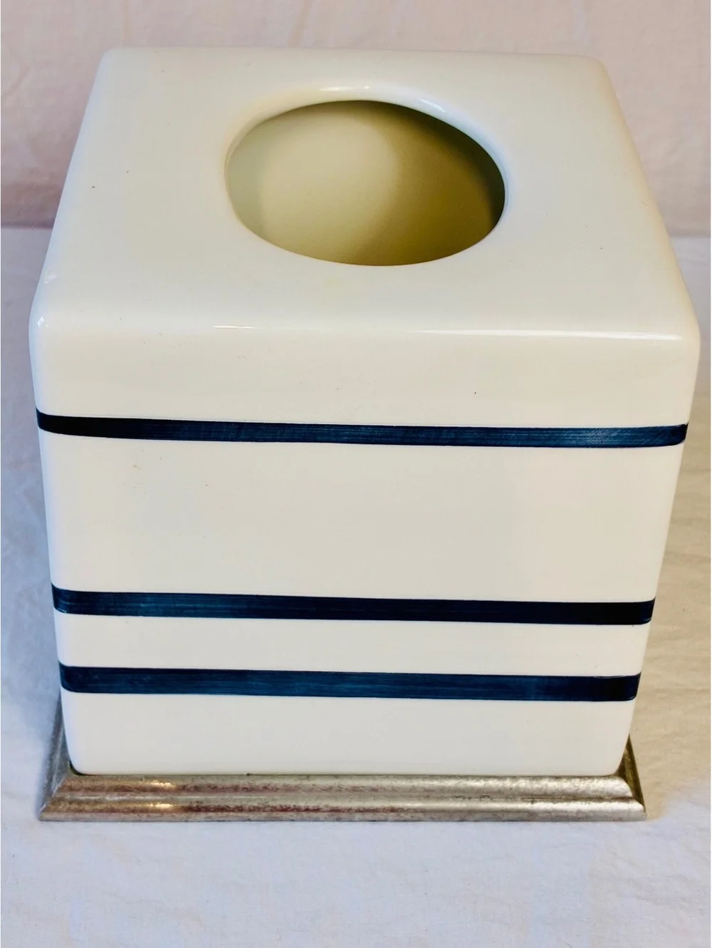 Nautica Ceramic Tissue Box Cover with Blue Stripes and Silver Base